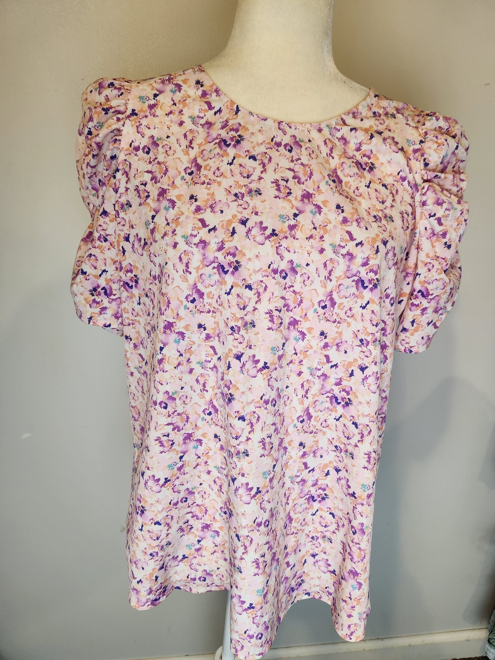 Pleione Pink and Purple Floral Short Sleeve Blouse